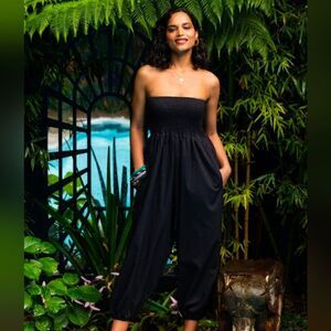 Vintage 70s Black Nylon Strapless Harem Jumpsuit Sequin Bodice